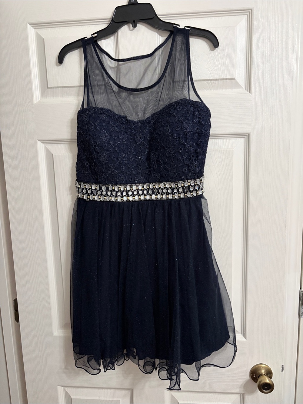 My Michelle Navy Mesh Cocktail Dress with Jeweled Waistband